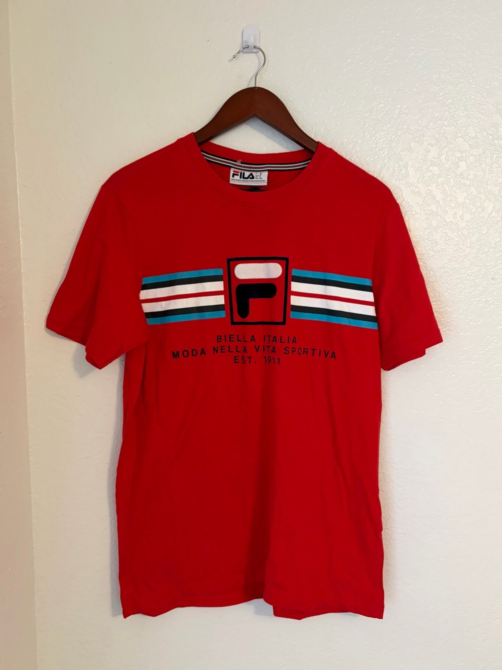 FILA Red Short-Sleeve Logo Tee with Teal & White Stripes